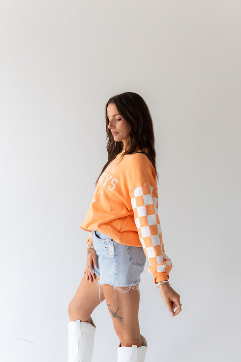 OK State Russell Check Lantern Sleeve Crew